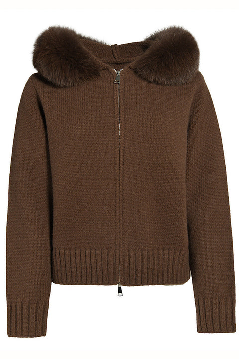 Brown cashmere jacket with matching brown fox fur trim, ideal for luxurious loungewear style.