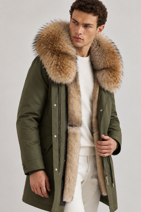 Parka masculina verde forrada a pele