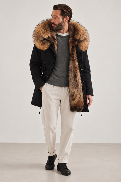 Parka noire pour homme doublée de fourrure