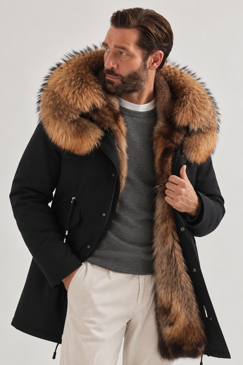 Parka noire pour homme doublée de fourrure