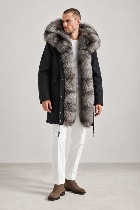 Parka pour homme doublé de fourrure de renard argenté