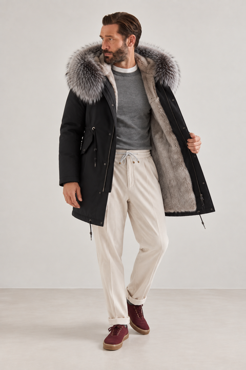 Parka pour homme noir doublé de fourrure