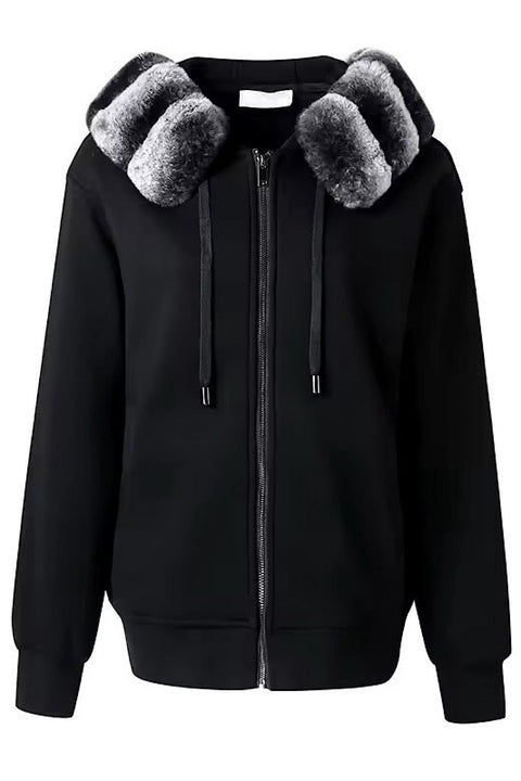 Luxurious black Rex Rabbit Hoodie crafted from ultra-soft fur, featuring a detachable fur lining and front zip for versatile winter wear.