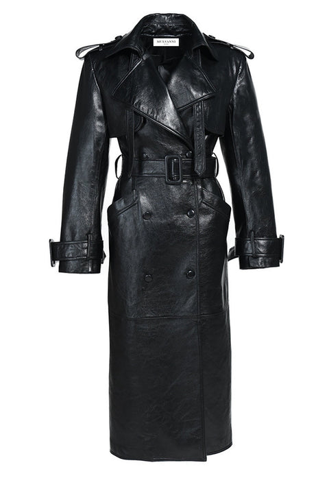 Genuine black trench leather long coat for woman ideal for fall and winter weather.