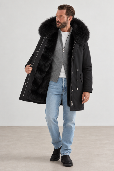 Parka noire pour homme doublée de fourrure