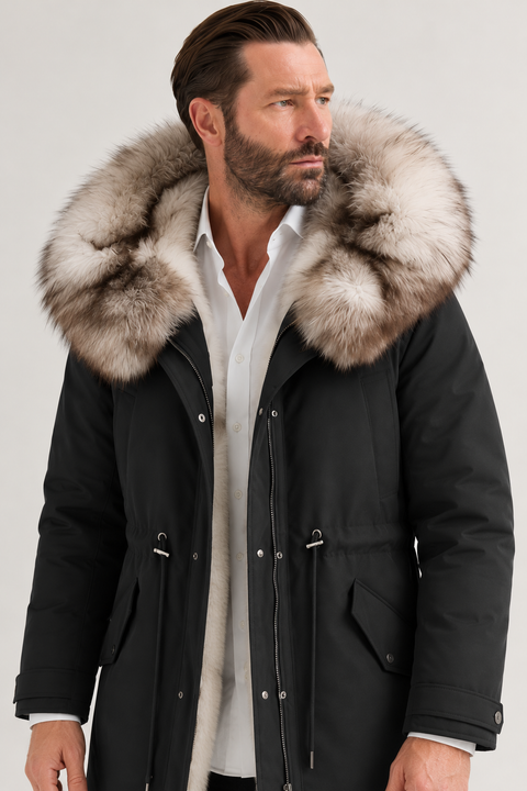 Parka noire pour homme doublée de fourrure