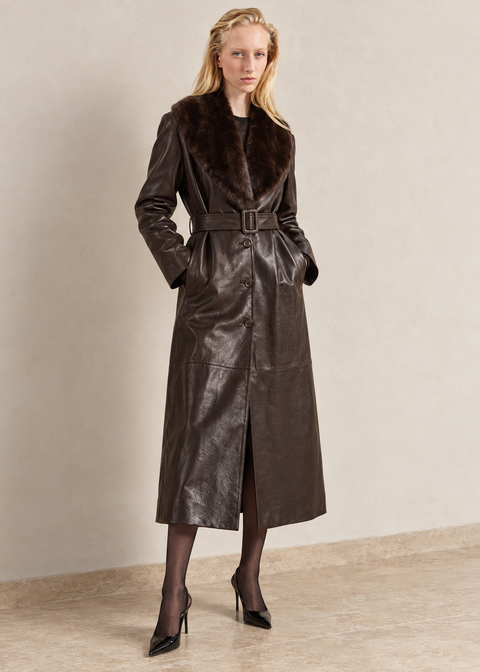 Leather Trench Faux Fur Collar