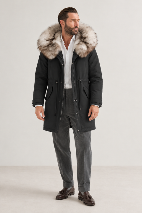 Parka noire pour homme doublée de fourrure