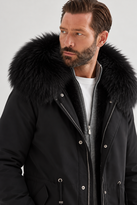 Parka noire pour homme doublée de fourrure