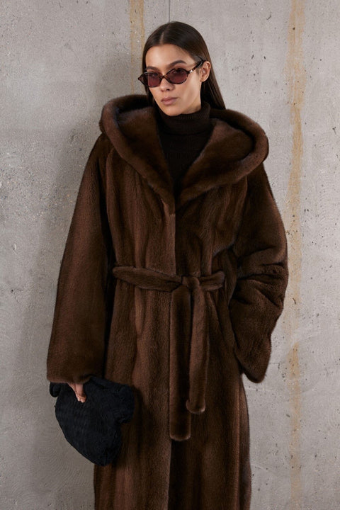 Hooded Long Brown Mink Fur Coat