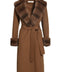 Luxurious rich brown double-faced cashmere coat trimmed with genuine Rex Rabbit fur, featuring a detachable fur collar and fur cuffs for added warmth and elegance.