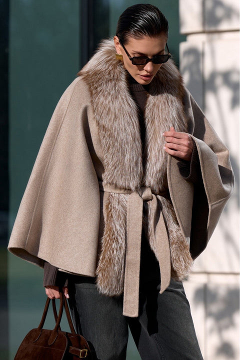 Wool-Blend Cape with Fur