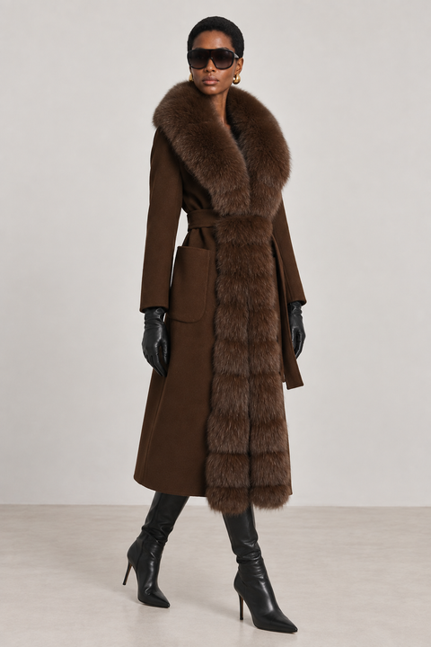 Brown Cashmere Coat with Fur
