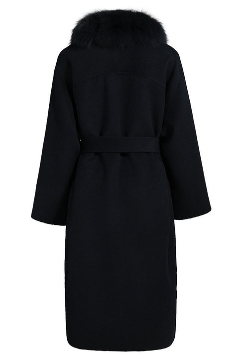 Classic black cashmere outerwear featuring a full fox fur collar, ideal for refined cold-weather style.