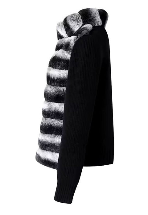 Front view of a luxurious black cashmere sweater-jacket hybrid, featuring plush Rex Rabbit fur in chinchilla tones along the collar and front, combining elegance with comfort.