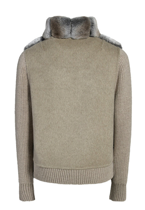 Rear view of a cashmere jacket with genuine Rex Rabbit fur trim in soft grey gradient tones, styled for warmth and sophistication.