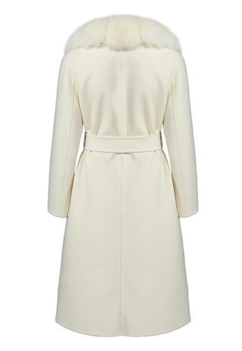 ALIZE white cashmere coat with genuine fox fur trim, featuring a tailored fit and luxurious design perfect for stylish winter wear