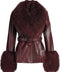 Burgundy leather jacket crafted from soft lambskin, featuring a plush maxi Mongolian fur collar and fur-trimmed cuffs for timeless elegance.