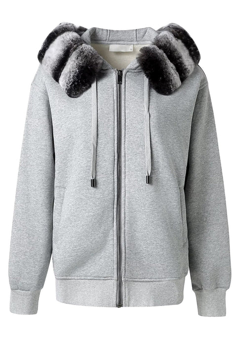 Luxurious Rex Rabbit Hoodie made from ultra-soft fur, featuring a detachable fur lining and front zip for versatile winter wear.