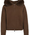 Brown cashmere jacket with matching brown fox fur trim, ideal for luxurious loungewear style.