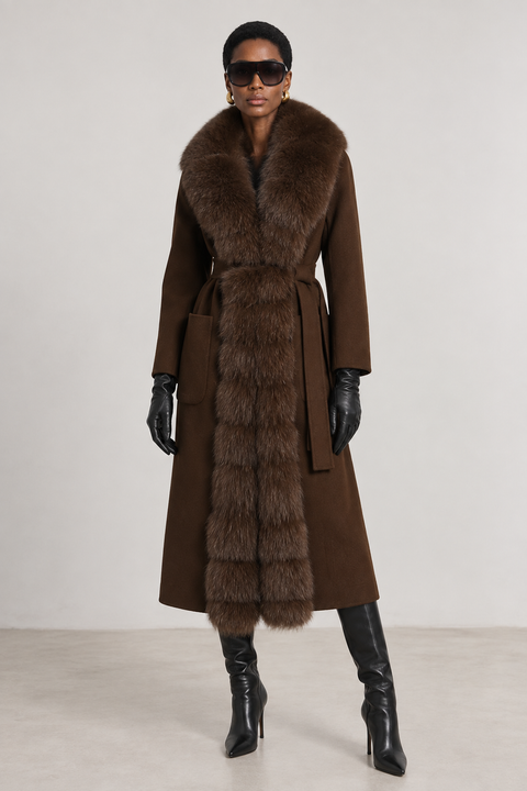 Brown Cashmere Coat with Fur
