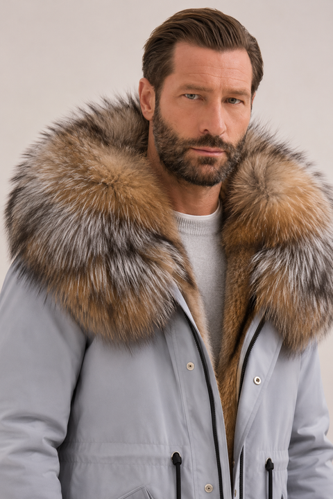 Grøn parka med pelsfor til mænd