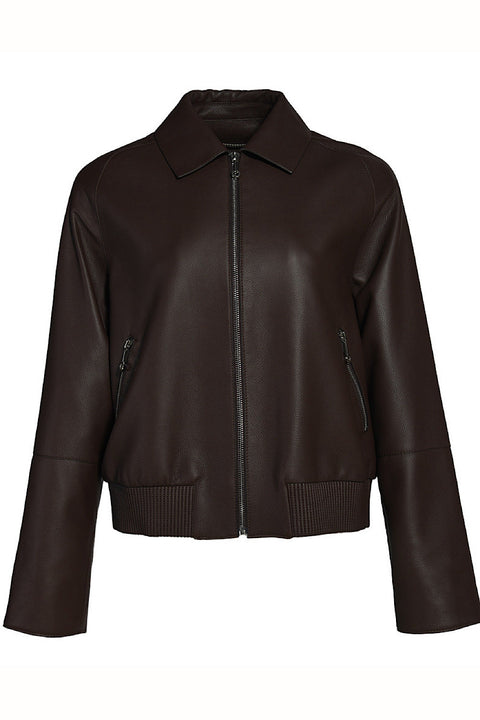 Genuine brown leather jacket featuring a classic silhouette, rich texture, and timeless appeal for versatile styling.