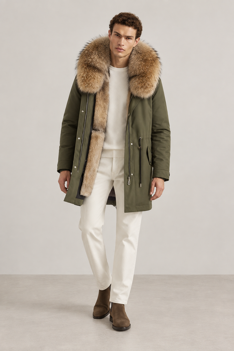 Men Green Lined Fur Parka