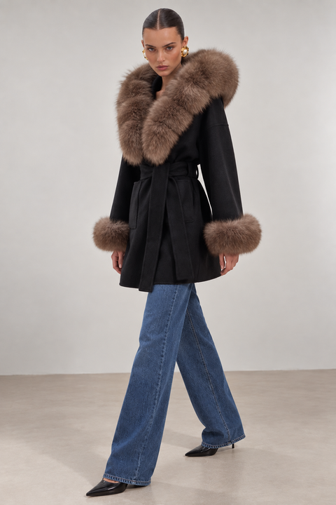 Black Wool coat with fox fur