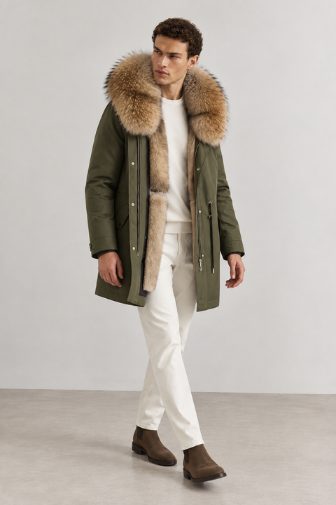 Men Green Lined Fur Parka