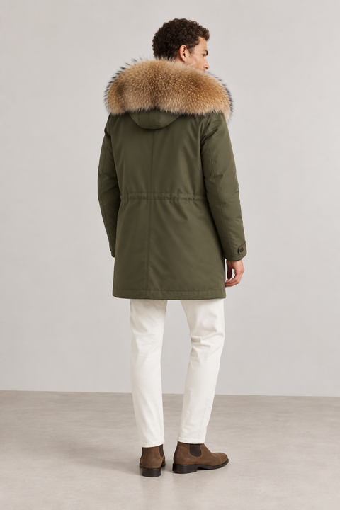 Men Green Lined Fur Parka
