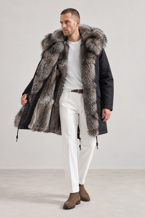 Men Lined Silver Fox Fur Parka