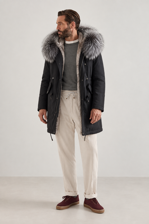 Men Black Lined Fur Parka