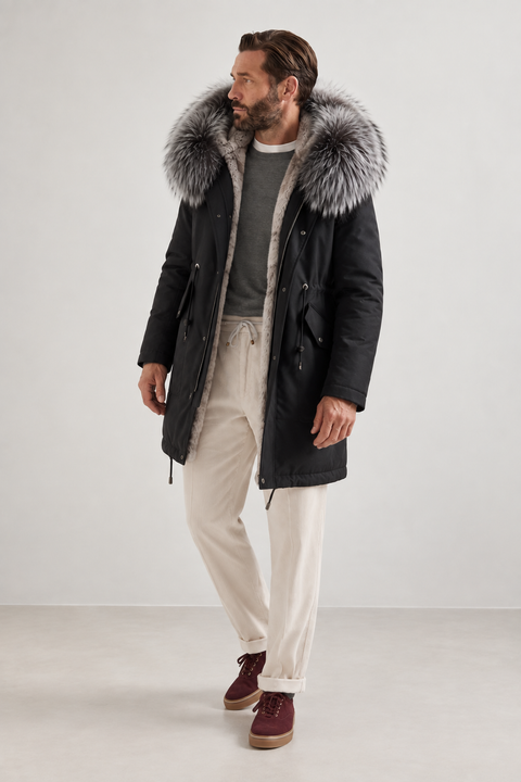 Men Black Lined Fur Parka