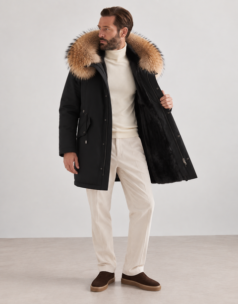Parka da uomo nero foderato in pelliccia