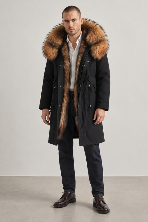 Parka midi da uomo nero in pelliccia di volpe