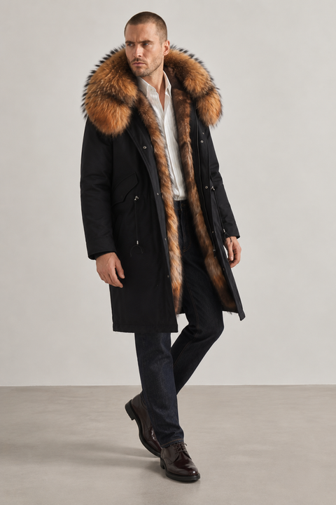 Parka midi da uomo nero in pelliccia di volpe