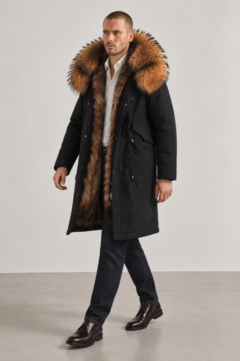 Parka midi da uomo nero in pelliccia di volpe