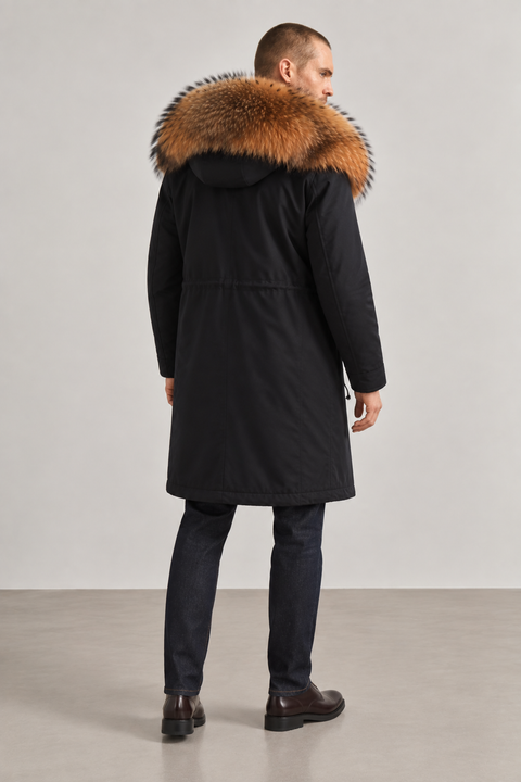 Parka midi da uomo nero in pelliccia di volpe