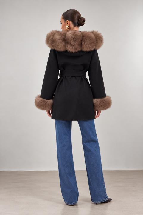 Black Wool coat with fox fur