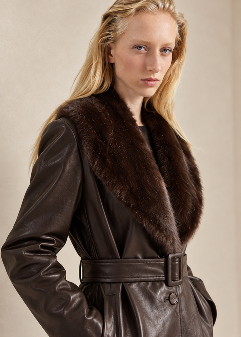 Leather Trench Faux Fur Collar