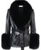A stylish black leather short jacket for women featuring plush fox fur cuffs and a large black fox fur collar. The combination of leather and fur creates a chic, edgy look perfect for winter.