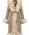 Beige Alcantara women's coat with mix-dyed fur trim on the collar, cuffs, and hem, displayed against a neutral background.