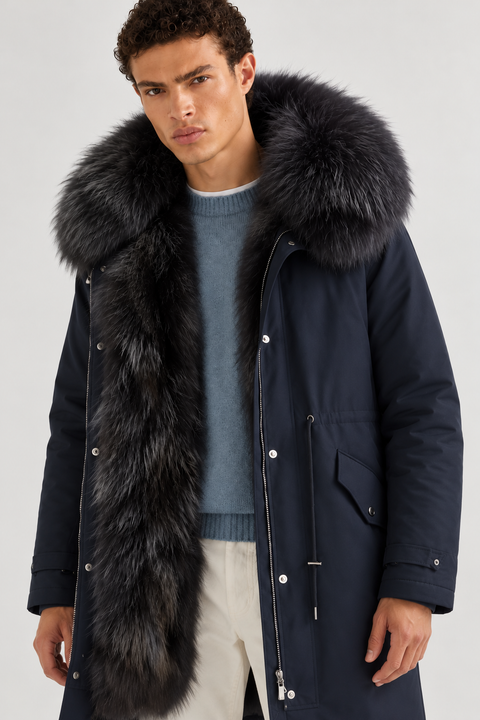 Midi-parka til mænd i sort rævepels