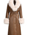 A brown leather trench coat adorned with luxurious beige fox fur accents. The coat's sleek design and fur detailing create a stylish and sophisticated look for winter.