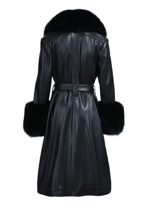 Leather trench coat with luxurious fur for woman. 