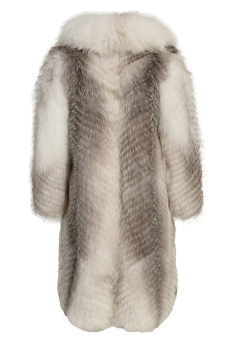 Long Arctic Crossed Marble Fox Fur coat showcasing unique fur texture and a double-breasted design with hidden closures.
